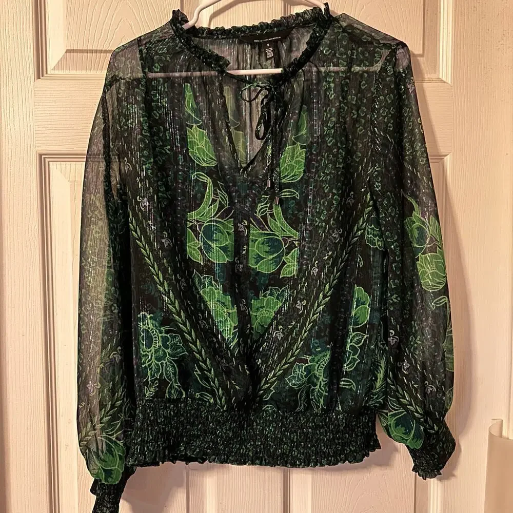 White House Black Market Women's Blouse Lurex Long Sleeve Print Blouse Size S - Picture 2 of 6